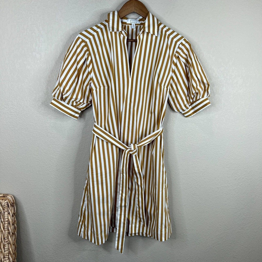 AYR Women's The Solstice Striped Dress Puff Sleeve White Brown Size M
